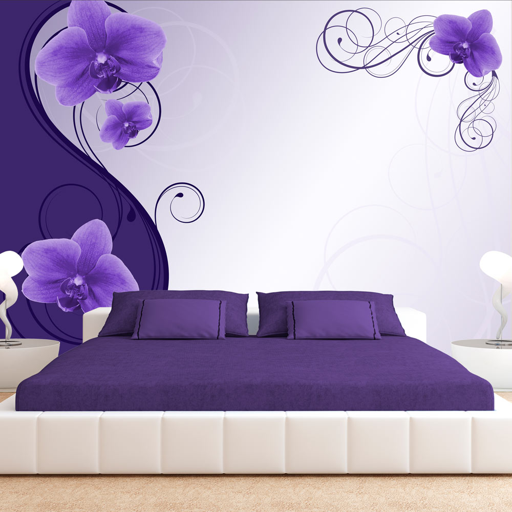 Фиолетовые белые обои. Спальня в сиреневом цвете. Фотообои в сиреневом цвете. Фотообои 3д для спальни. Фиолетовые обои для стен.